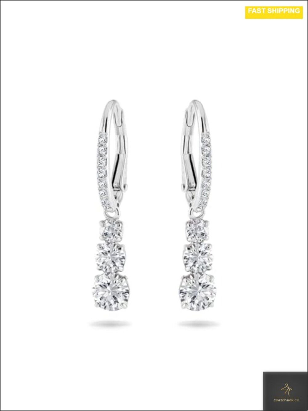 Trilogy Drop Pierced Earrings with White Crystals Rhodium Plated Hinged Closure
